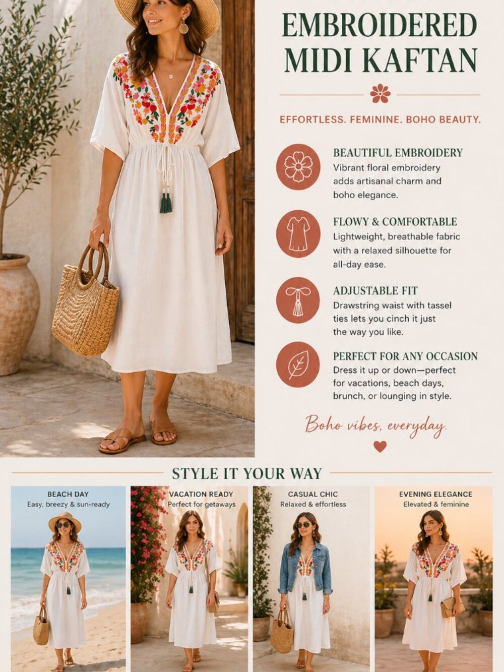 World Market Midi Kaftan Dress S/M Floral Embroidered Boho Resort Vacation Wear